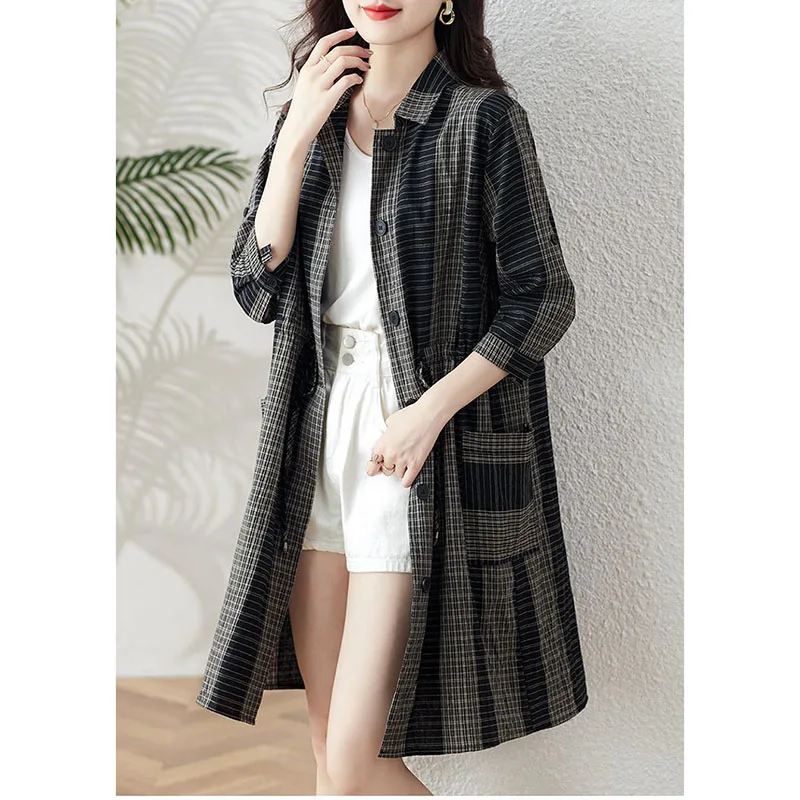 Cotton Plaid Women's Long Cropped Sleeve Coat With Trench Coat