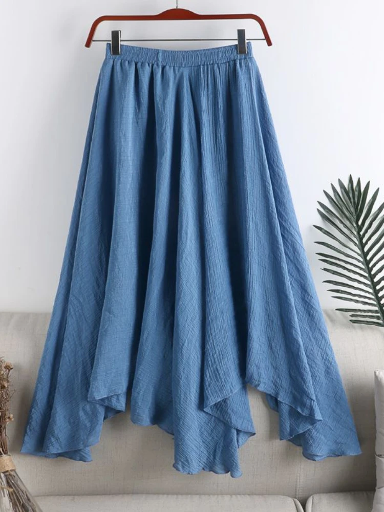 

Cotton Linen Women's Summer Skirt Solid LOOSE Elastic High Waist Tulle Skirt Casual Vintage 2023 New Long Irregular White Skirt