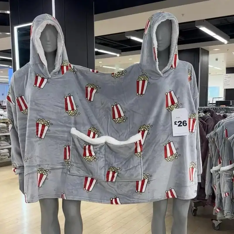 New Double Hoodie Blanket Long Sleeve Home Coral Fleece Sleepwear With Popcorn Pattern Blanket Hoodie For Two People Family