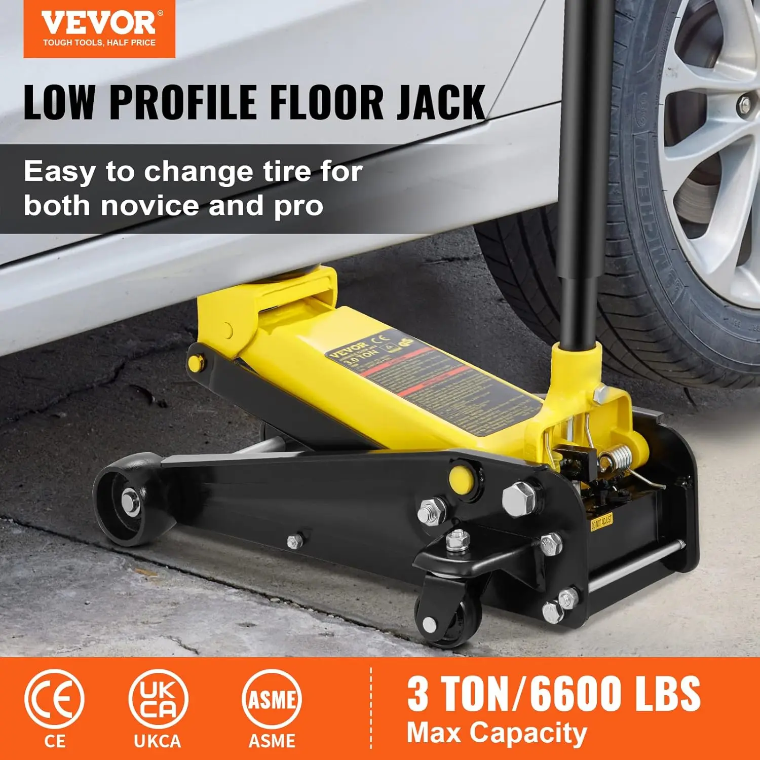 3 Ton Low Profile Floor Jack for All Terrain Vehicles, Heavy-Duty Steel Racing Jack with Quick Lift Pump, 5.12"-20" Lifting Rang