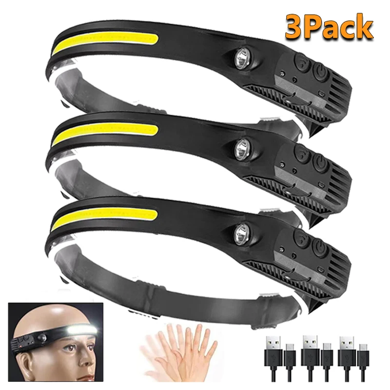 1 3Pack LED Headlamp USB Rechargeable Sensor Flashlight XPE COB Camping Waterproof Lantern Headlight for Fishing
