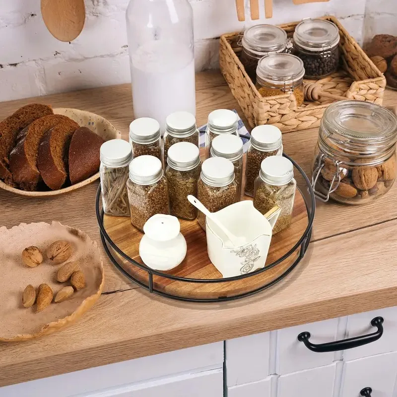 Wooden Storage Rack Rotating Tray Organizer For Cabinet Kitchen Countertop Spice Storage Sundries Organizer Home Supplie