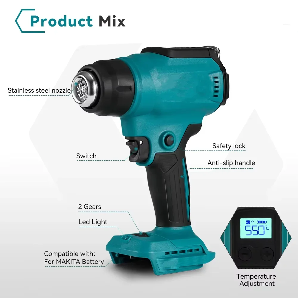 Cordless Hot Air Tool for 18V 20V BL1830 Battery 350W Rated 990&deg;F Hot Air Tool Kit With LED Display