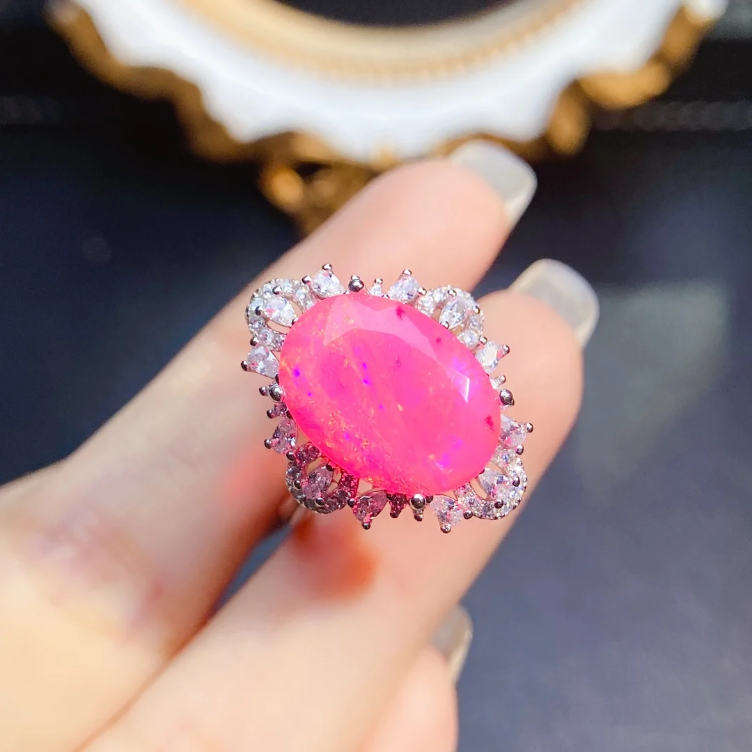 Pink Fire Opal Engagement Ring CZ Halo 925 Sterling Silver Flower Vintage Wedding Bridal Anniversary Gift
