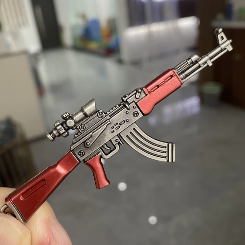 Free Base Mini AKM Gun Keychain PUBG Game Peripherals Metal Weapon Model Alloy AK 47 Light Key Chain Car Pendant Gift Toy 2