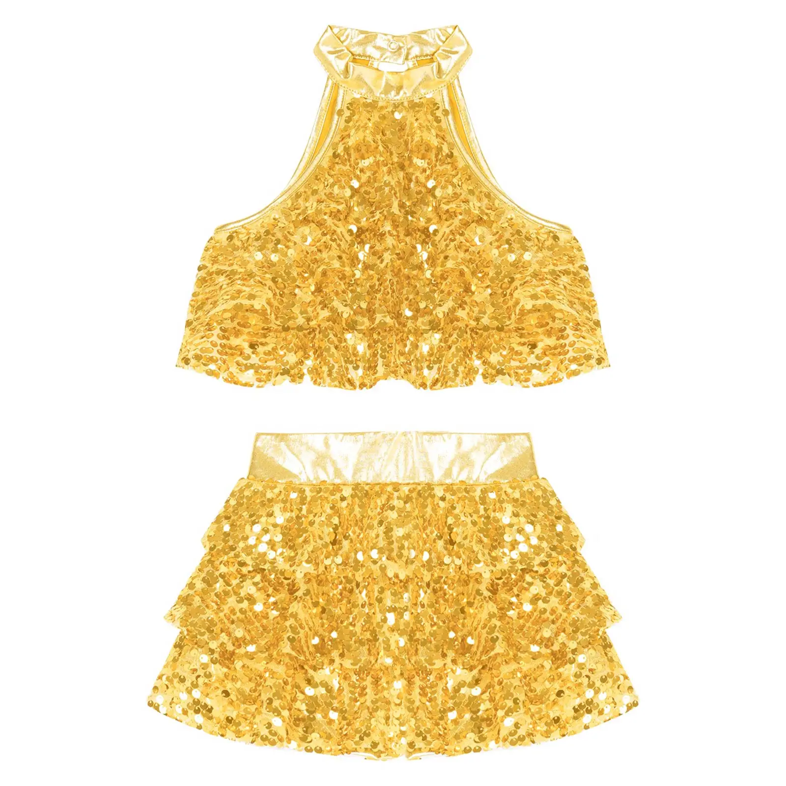 키즈 걸스 체조 레오타드 발레 재즈 힙합 댄스 공연 의상 백리스 반짝이 스팽글 티어드 크롭 탑 스커트 포함