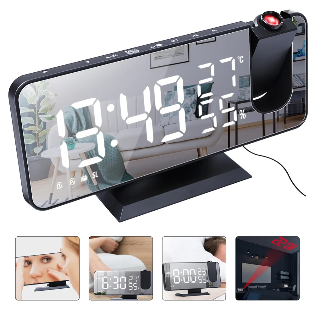 

LED Screen Projection Clock Digital Alarm Clock Humidity and Temperature Detect for Home Bedroom ( Black and white )