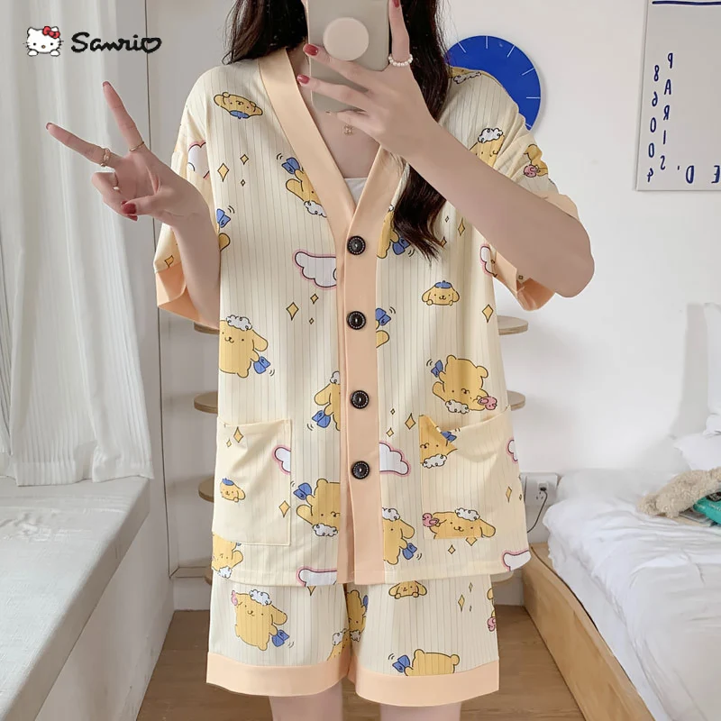 

Plus Size Summer Women Pajamas M-4XL Kawaii Sanrio Pom Pom Purin Anime Cute Girls Loose Casual Shorts Pajamas Home Suit Gift