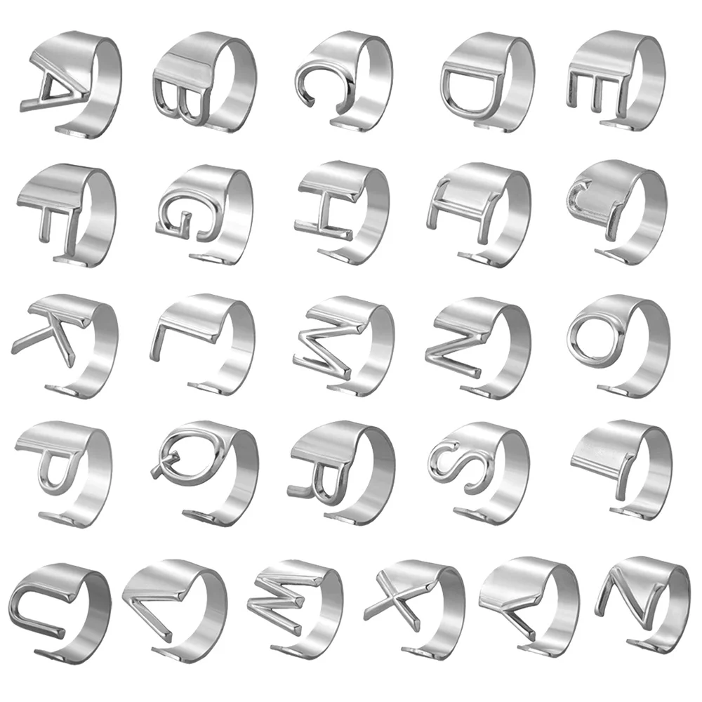 A-Z Letter Initial Name Ring Stainless Steel Adjustable Opening 26 Alphabet Rings for Men Women Party Jewelry Gift