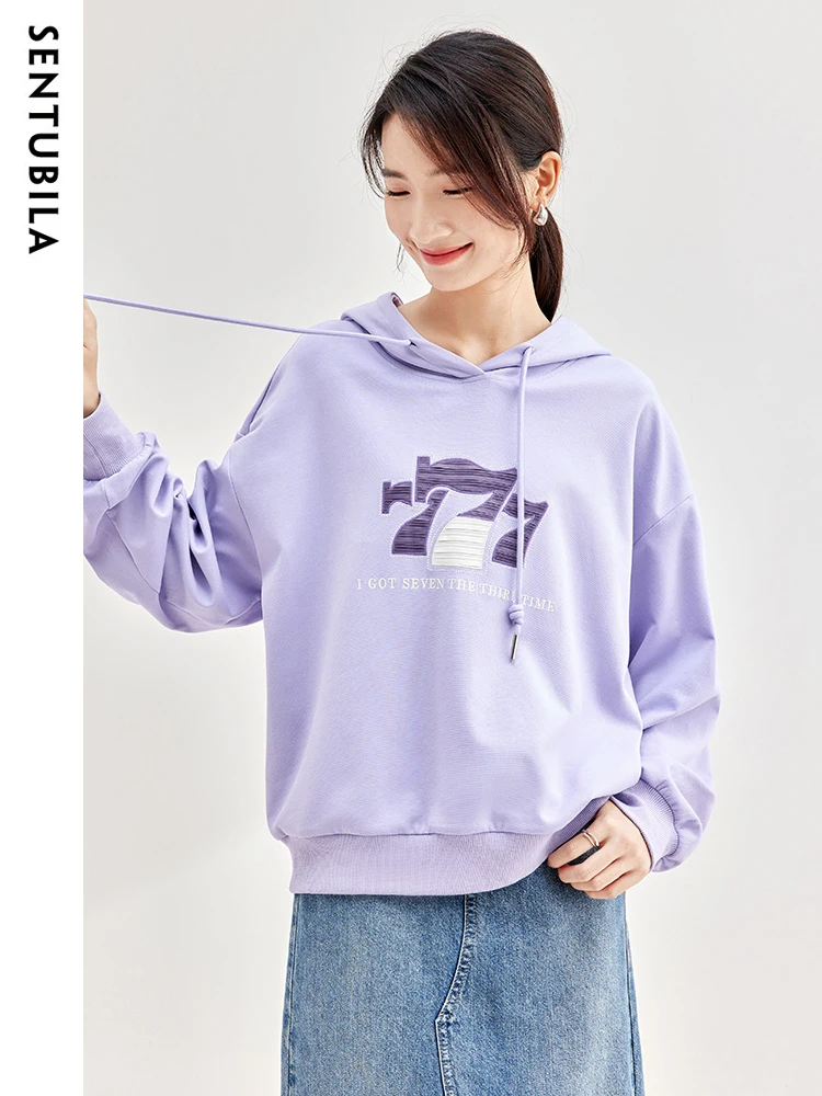 

SENTUBILA Hoodies Women 2024 Letter Print Loose Hooded Simple Sweatshirt Woman Spring Autumn Pullover Female New Tops W33A52228