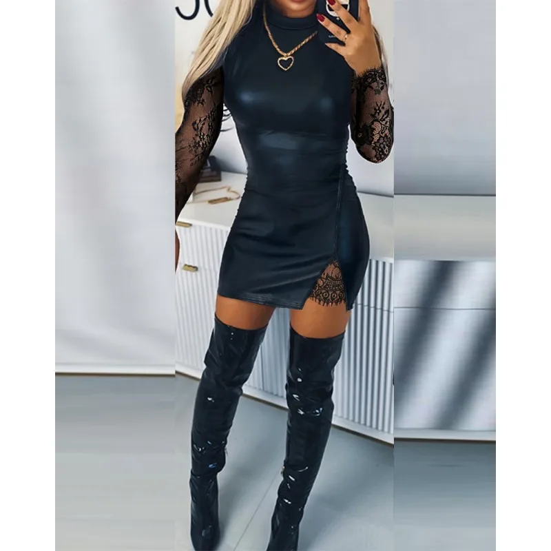 

2024 Autumn Winter New Women's Clothing Solid Color Fashion New Lace Stitching Tight Skirt
