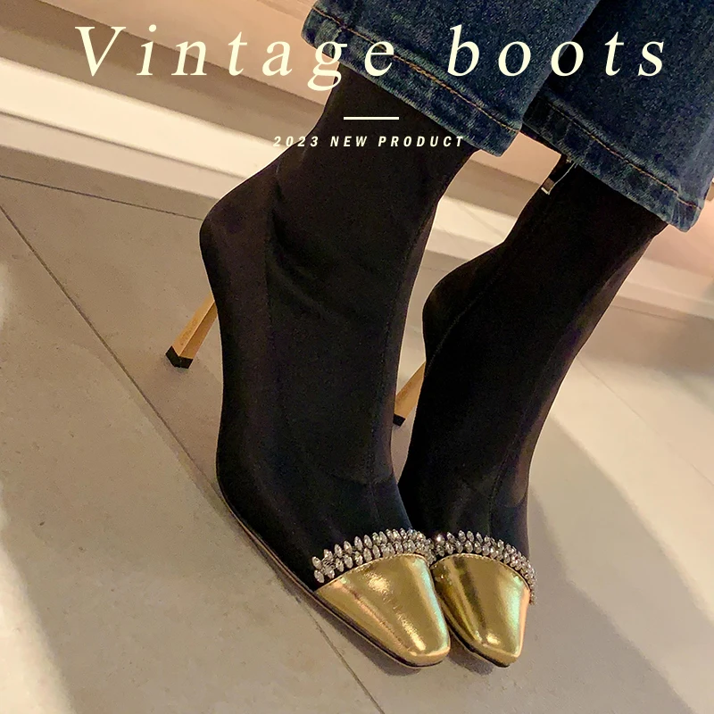 

Sexy Heel Woman Stretch Boots Women's Ankle Boots Side Zip Basic Dress Shoes Square Toe Elegant Ladies Simple Botas