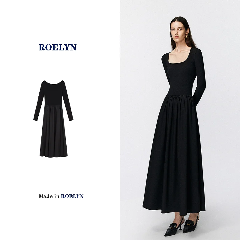 

ROELYN Square Neck Long Sleeve T-shirt Dress Women's Autumn 2023 New Slim Fit and Slim Spliced A-line Long Dress