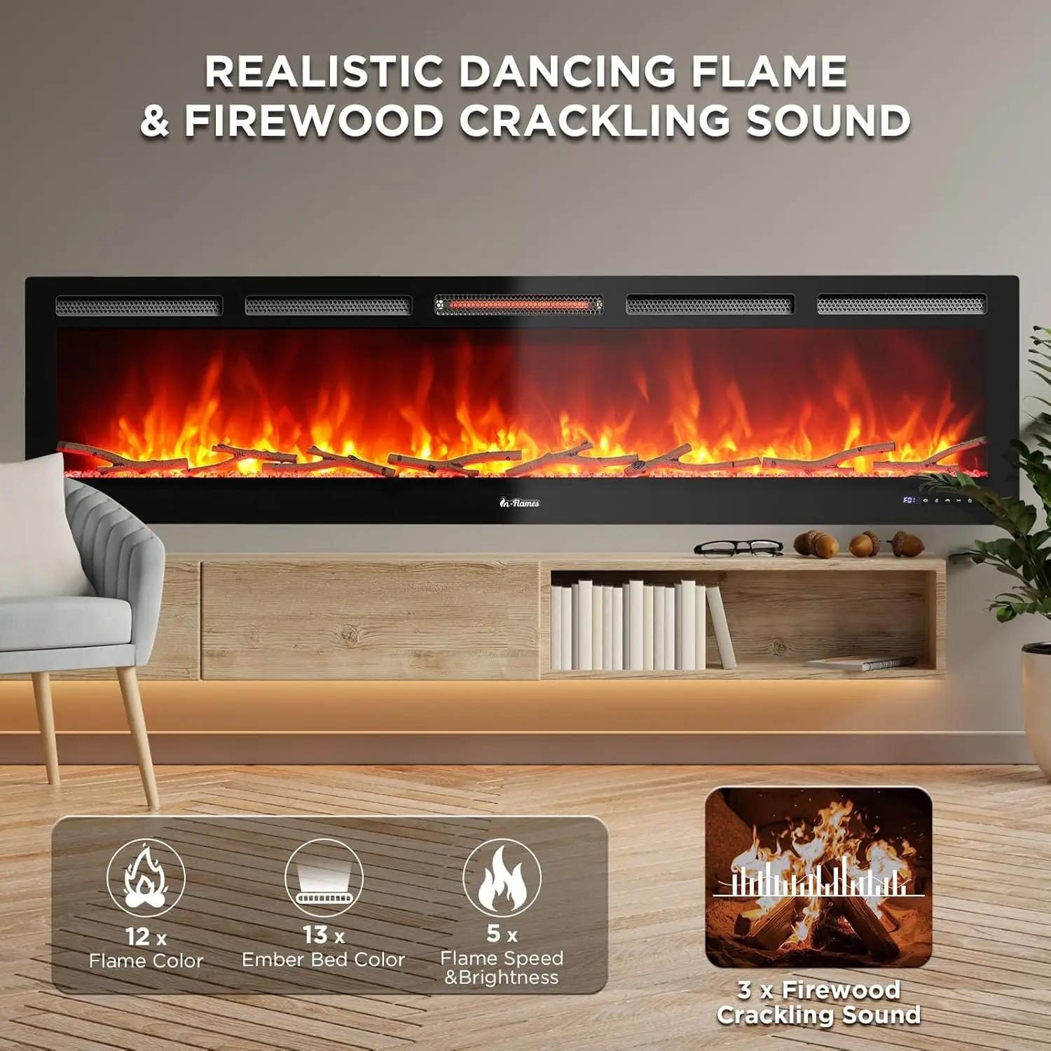 72&rdquo; Smart WiFi Infrared Electric Fireplace with Sound Crackling and Realistic Flame 1500W Quartz Heater Recessed or Wall Mounted