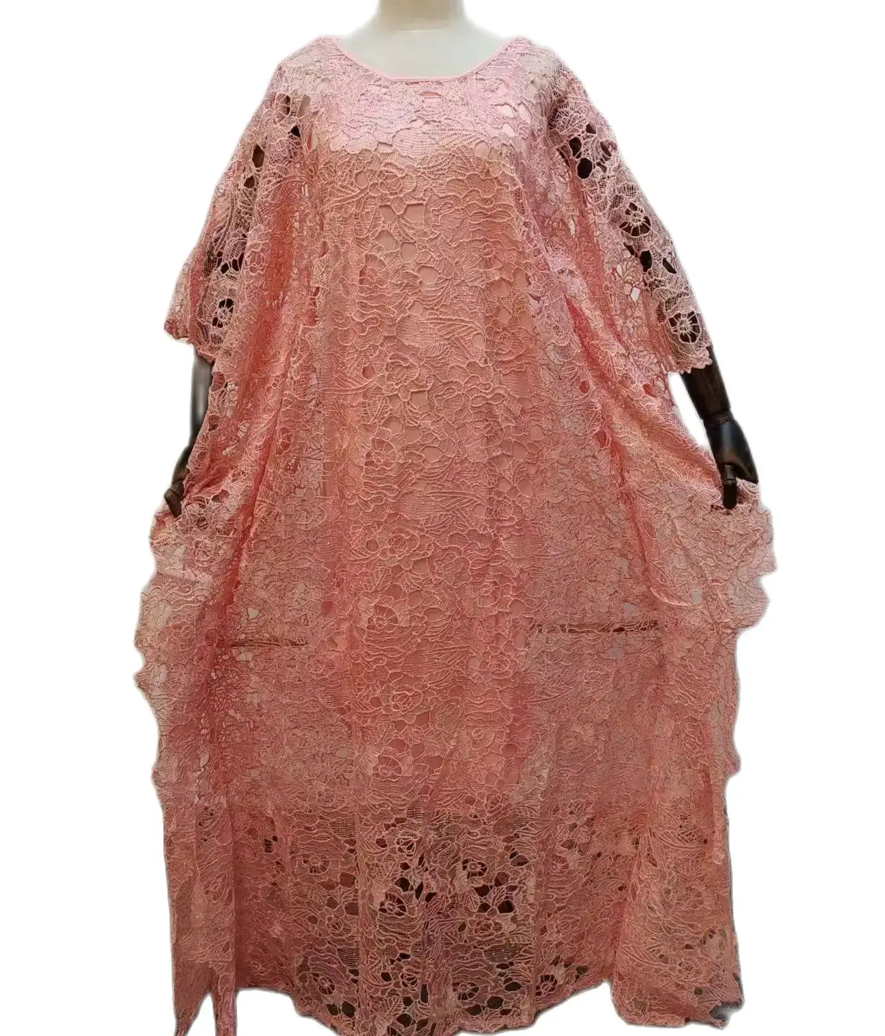 Classic African Women Dashiki Guipure Cord Lace Abaya Stylish Water-Soluble Loose Long Dress + Inside Skirt Free Size