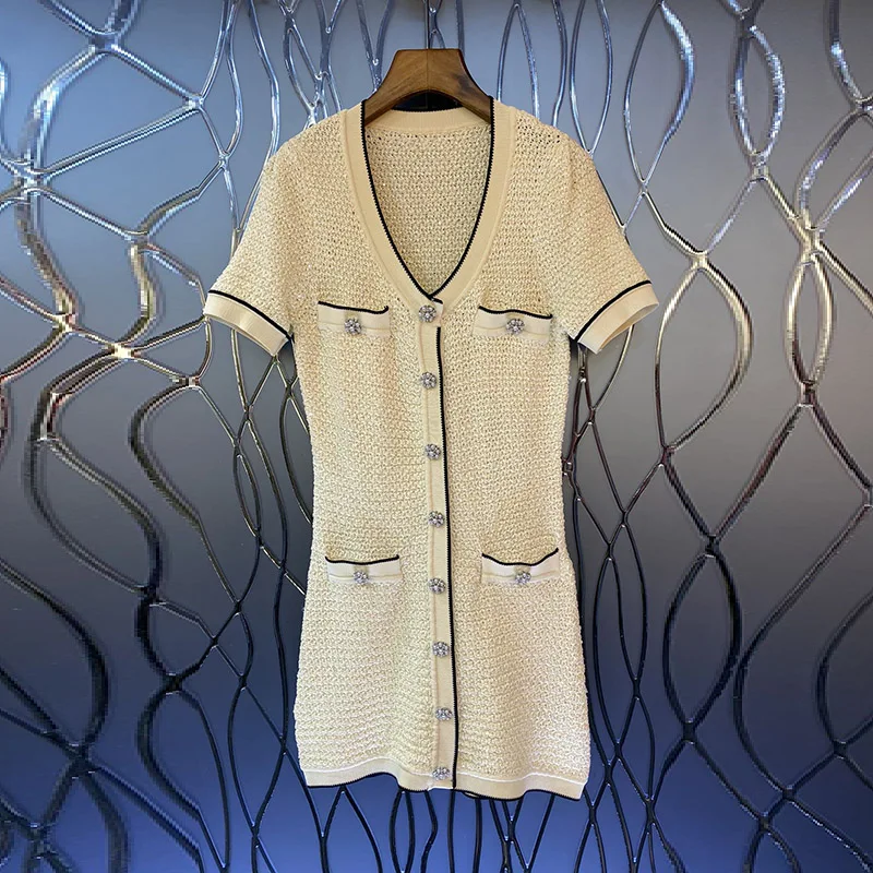 

New 2023 Spring Dress High Quality Knitting Women V-Neck Beading Button Short Sleeve Casual Long Sweater Dress Knitwear Lady