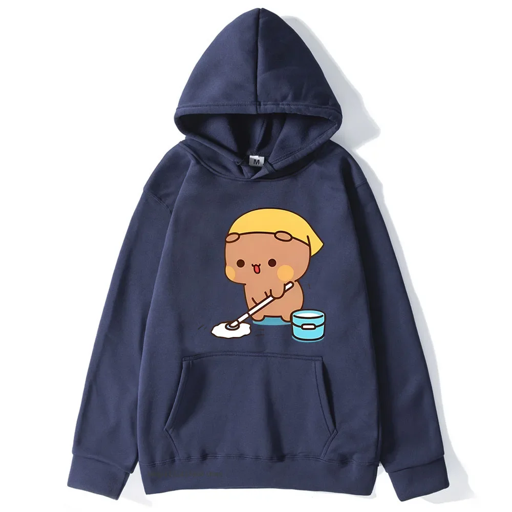 Kawaii DuDu and BuBu cleaning their house Hoodies Panda Bear Brownie Sweatshirt Winter Autumn Coats Couple Clothes for Women Men