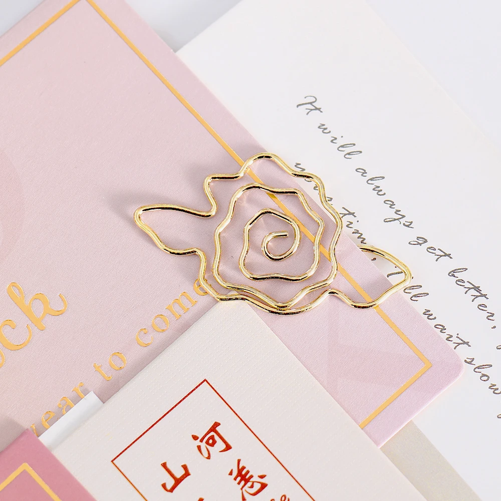 10pcs Gold Rose Flower Paper Clip Metal Diy Flower Planner Stationery Supplies Bookmark Gift Shaped Paper Clips paper clips,mini bookmark