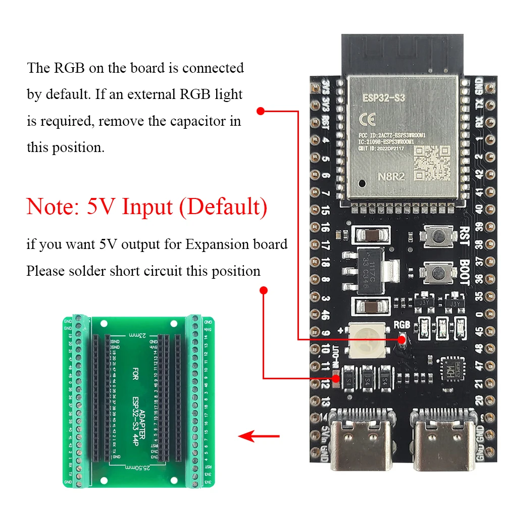 ESP32S3 Entwicklungsboards mit Erweiterungsadapter-Kit N8R2 N16R8 44-Pin Typ-C ESP32-S3 2,4G WLAN BT Modul ESP32-S3 – Detail 6