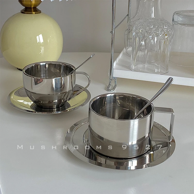 Korean Style Niche Coffee Cup and Saucer Set Retro Stainless Steel Coffee Cup Small Posing Vlog Afternoon Tea stainless steel cup coffee cup stainless steel cups coffee stirring cup stainless steel mug