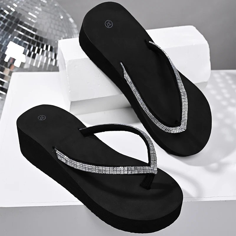 Crystal Straps Wedge Heel Thong Slippers Women Summer Thick Bottom Platform Beach Flip Flops Woman Lightweight Clip Toe Sandals