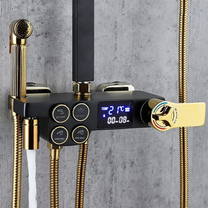 Newly Digital Shower System Set with Brass Bathtub Mixer Faucet Rainfall Shower Head Black Gold Thermostatic Bathroom Shower Set 3