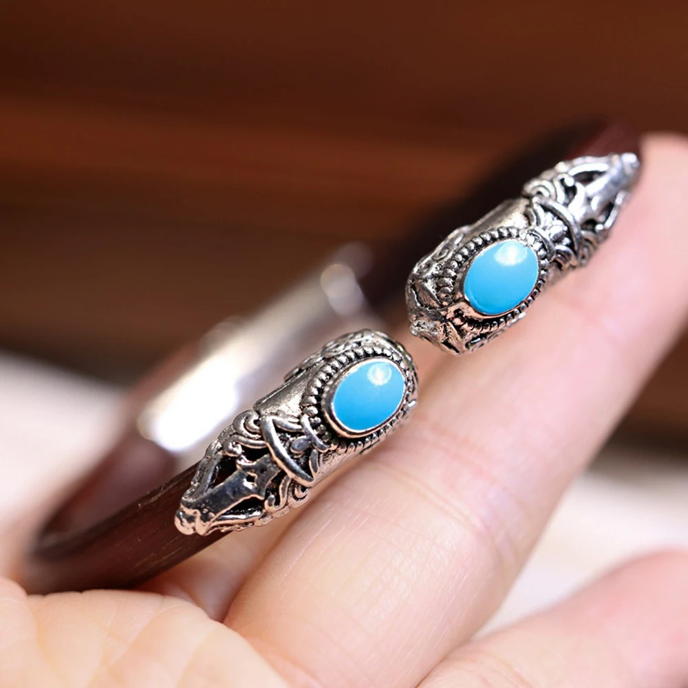 Natural Chicken Blood Vine Cuff Bangles Vintage Couple Set Cat's Eye Stone Opening Knotless Wooden Bracelet Party Jewelry Gifts