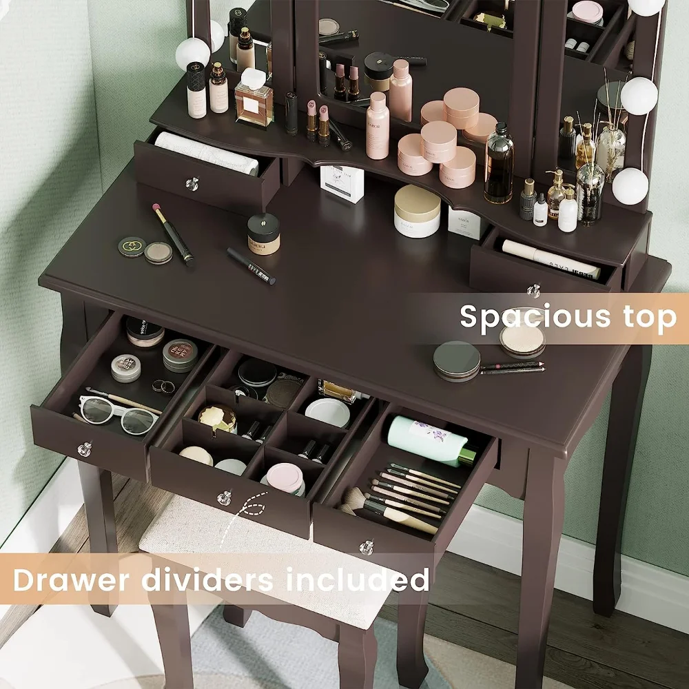 Tiptiper-tocador de maquillaje con espejo iluminado y taburete, tocador con  5 cajones, 3 Ajustes de luz - AliExpress