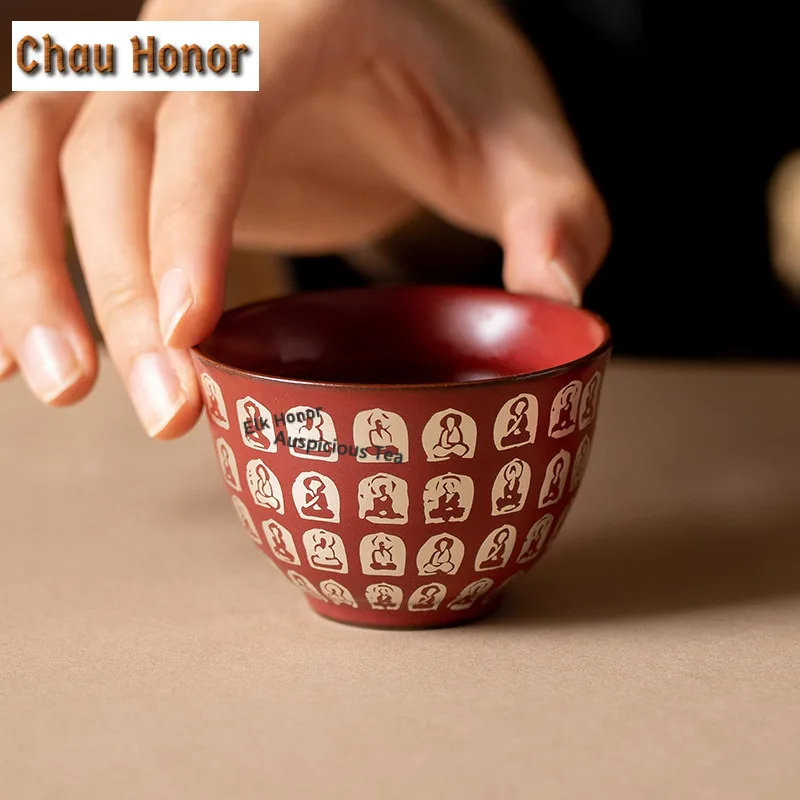 1pc 60ml Cinnabar Red Buddha Teacup Coarse Pottery Tea Bowl Jug Tea-tasting Fragrance Cup Jianzhan Master Cups Tea Ceremony Gift
