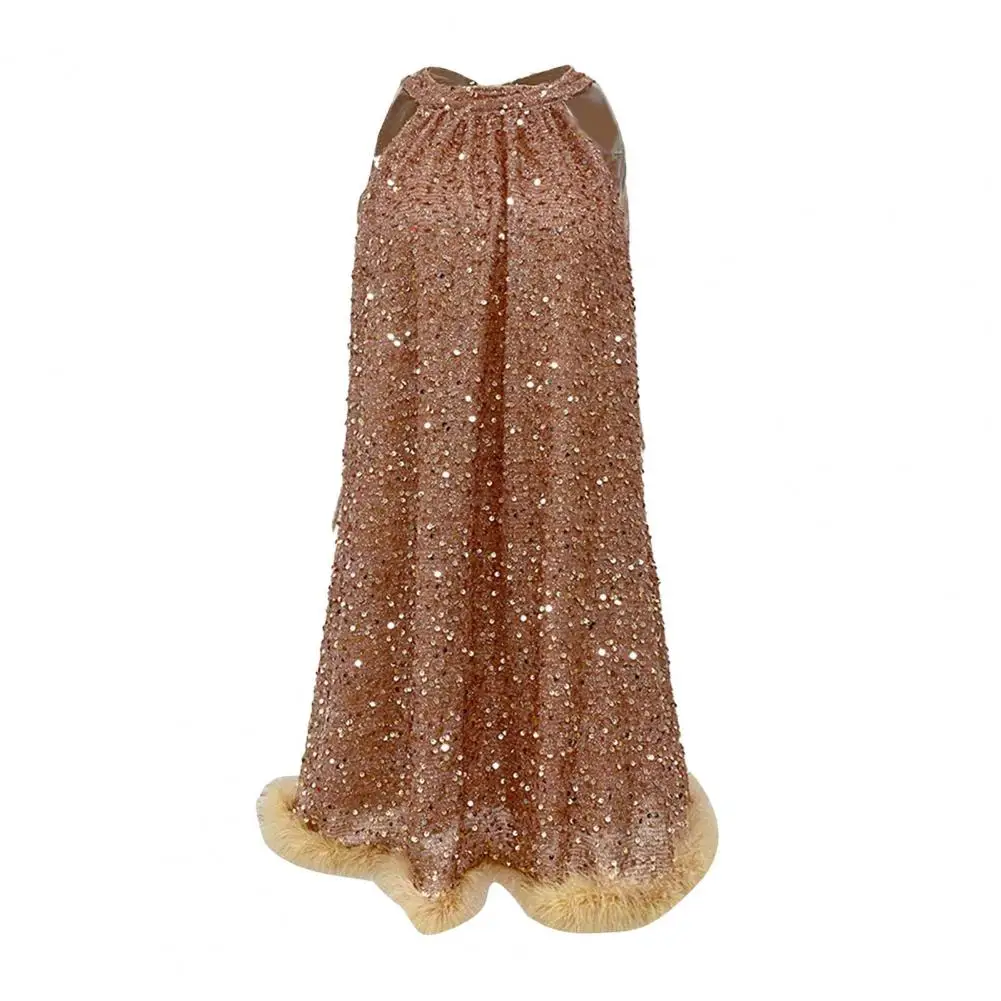 

Halter Neck Dress Elegant Halter Neck Sequin A-line Evening Dress with Off Shoulder Design Lace-up Tight Waist Fluffy for Lady
