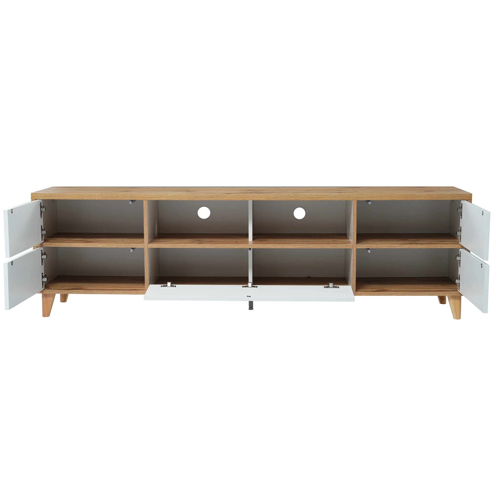 TV-Schrank, Lowboard, Wohnzimmermöbel in Weiß und Holztönen. Regale und Türen im natürlichen Landhausstil. – Detail 16