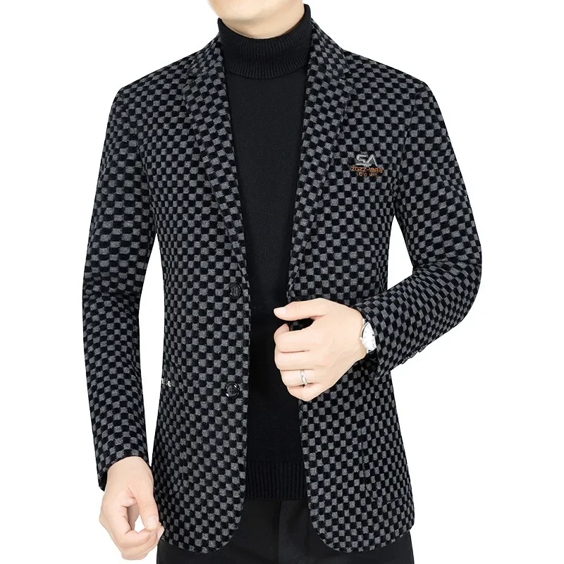 Winter Men Fleece Checkered Suits Coats Business Casual Blazers Jackets Quality Man Slim Blazers Jackets Warm Coats Size 4XL