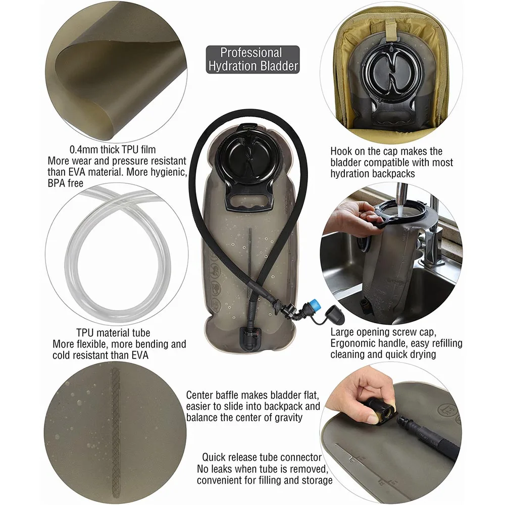 TPU Detachable Drinking Tube Water Bag Large Capacity Outdoor Drinking Bag Mountaineering Running Reservoir Bag 2L/2.5L/3L Kitchen