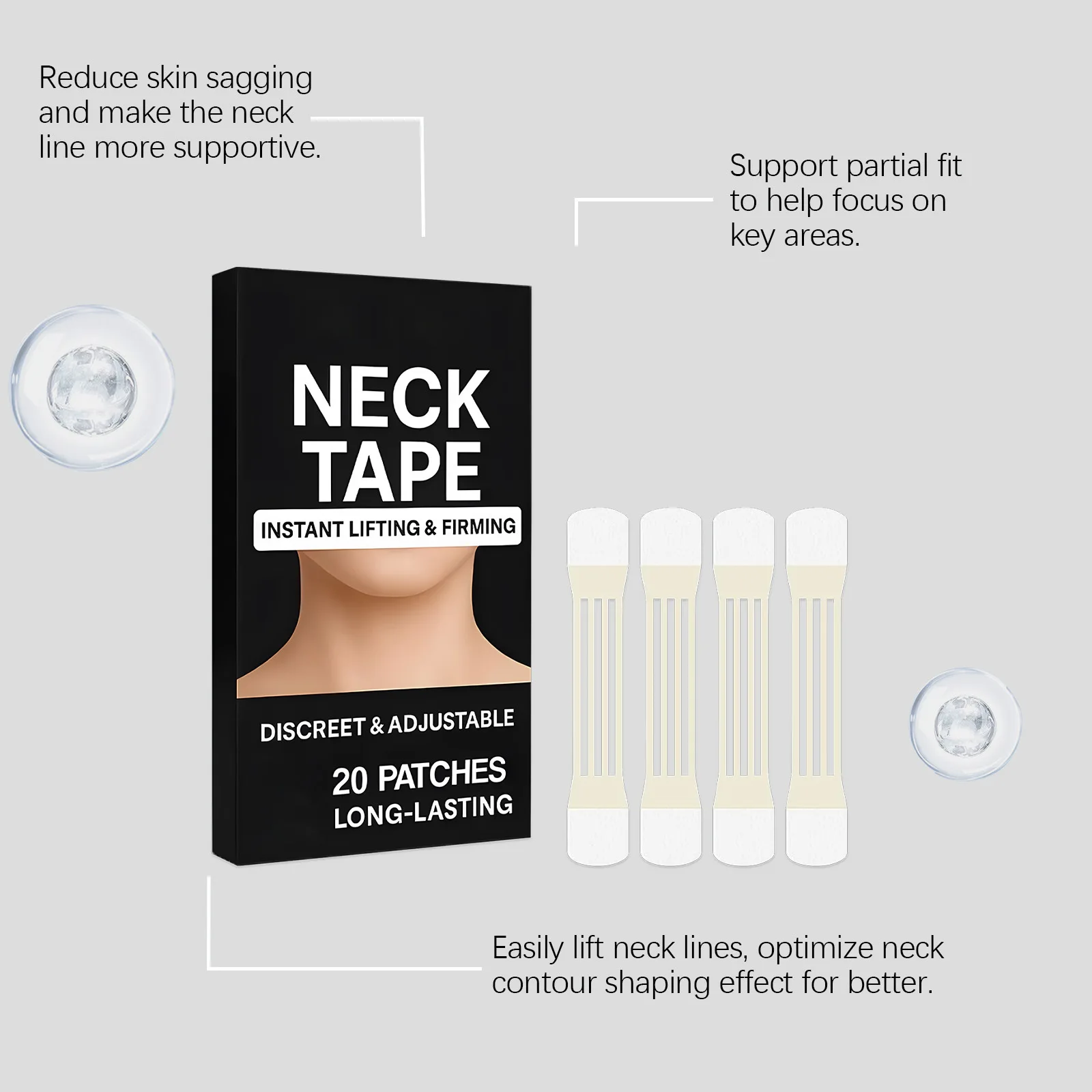 20개입 투명 목 리프팅 테이프 패치 포함 방수 탄력 목 주름 제거 접착 스티커 페이스 리프트 테이프
