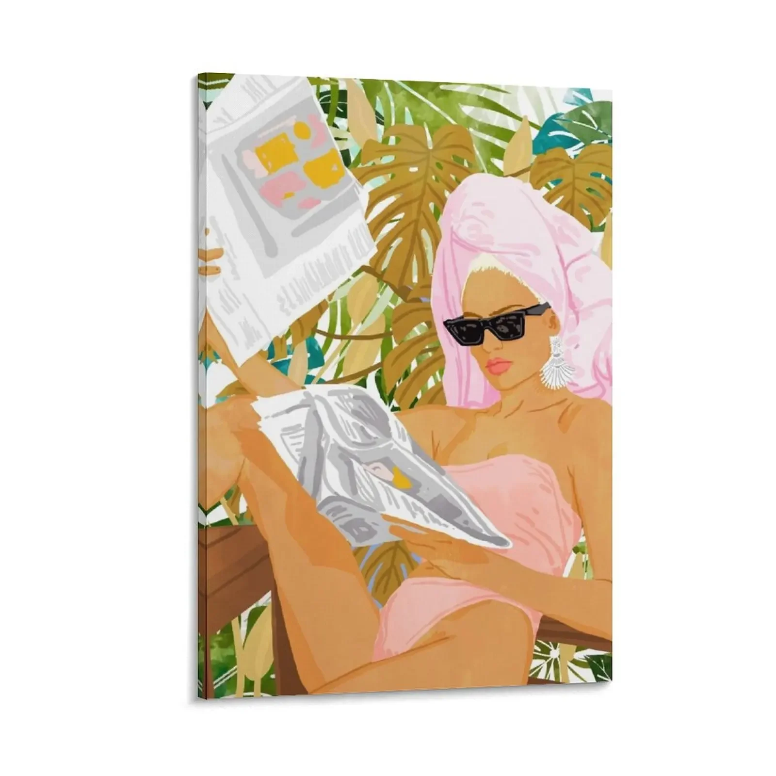 

Vacay News, Tropical Modern Bohemian Illustration, Travel Woman Fashion Newspaper Painting Canvas Painting stickers & posters
