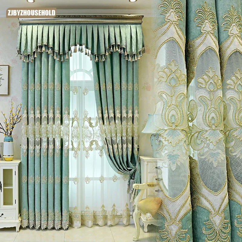 

Luxury European Curtains for Living Dining Room Bedroom Balcony Floor Window High-grade Chenille Embroidery Green New