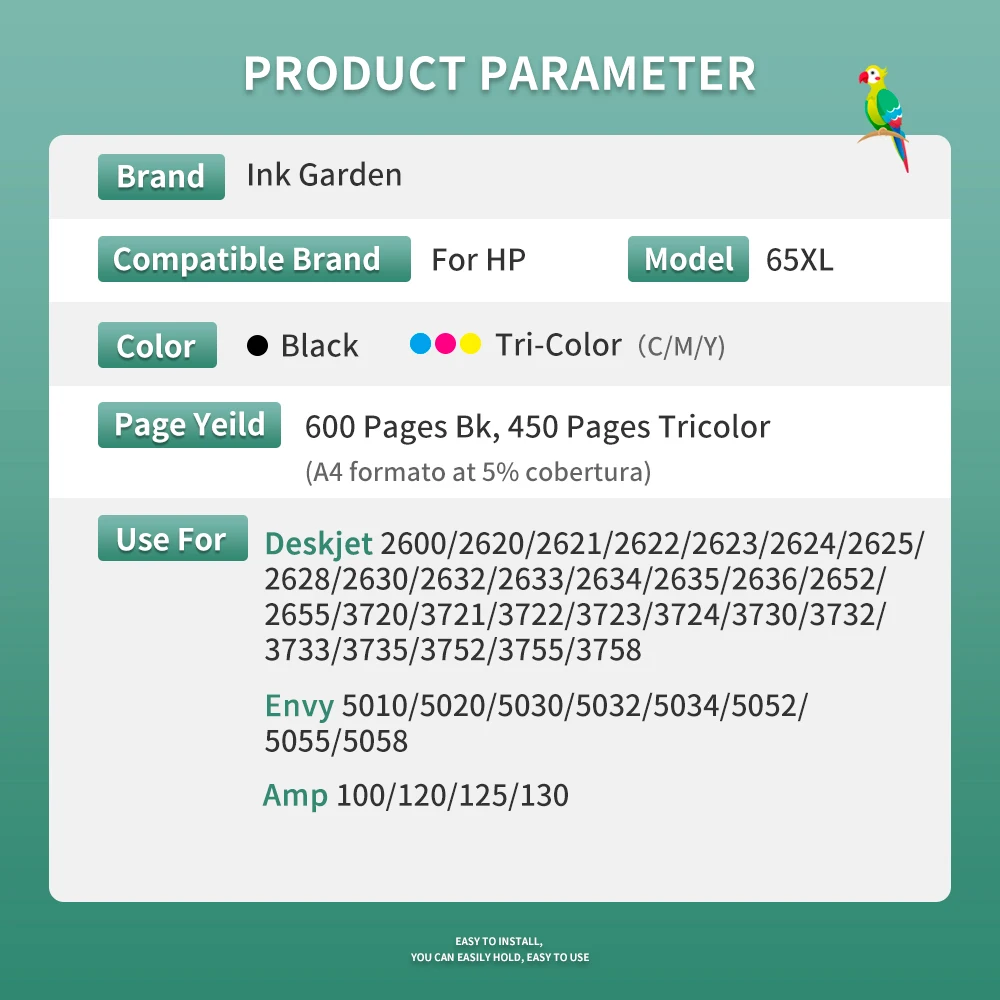 Ink Garden 65XL Ink Cartridge Compatible For HP 65  Envy 5010 5020 5030 5032  5052 5055 2625 2628 2630 2632 2633  Printer