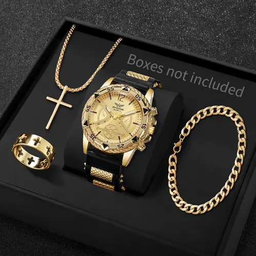 4PCS Fashion Arabic Dial Men Business Quartz Watch CasuSilicone Strap Wristwatch With Necklace Set Reloj Hombre (Without Box) - Image 7