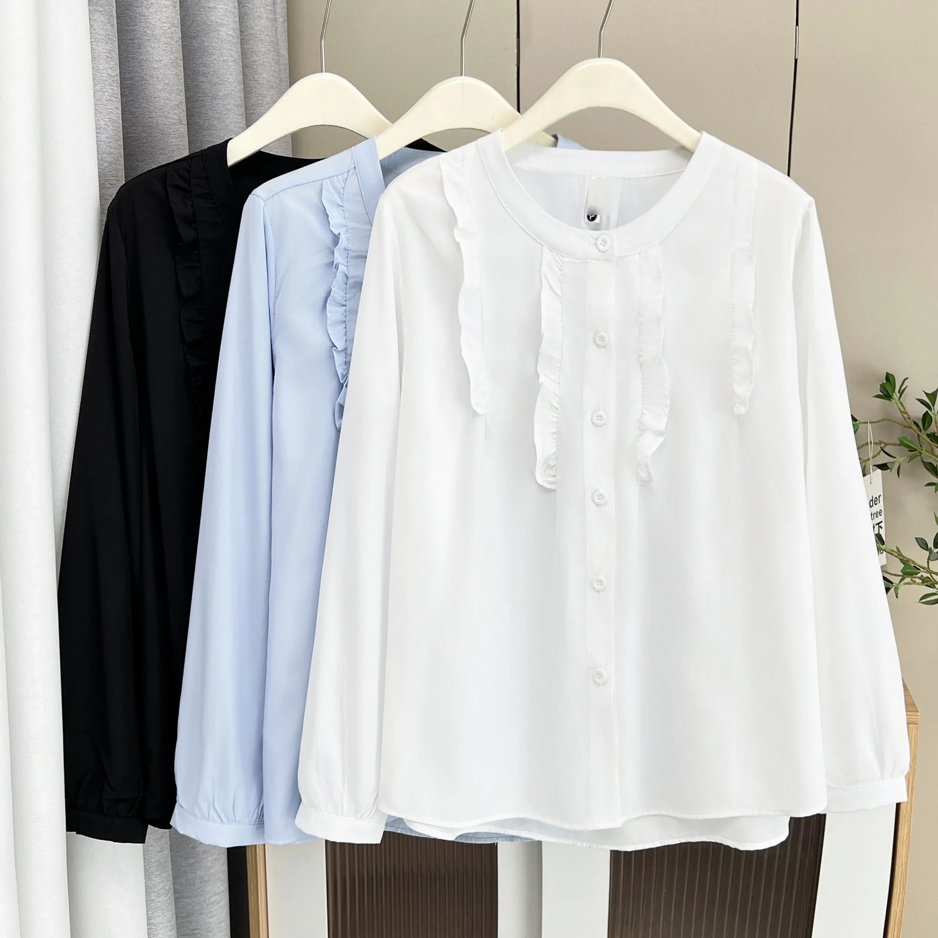 Fashion Plus Size Women's Blouses Autumn Style Ruffled Long Sleeve Chic Solid Color Ice Silk Cotton Shirt 2505