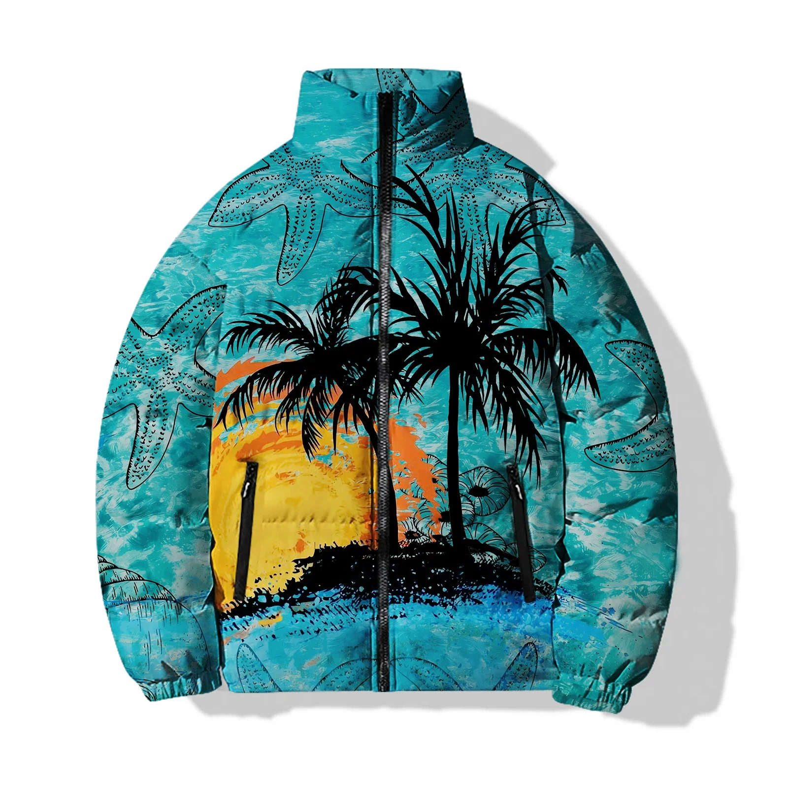 thumbnail image 1 of Abrigo de invierno para hombre, chaqueta de algodón con estampado de puesta de sol en la playa y cocoteros, chaqueta de estilo holgado a la moda, ropa para hombre, chaquetas, abrigos, 1 of 5