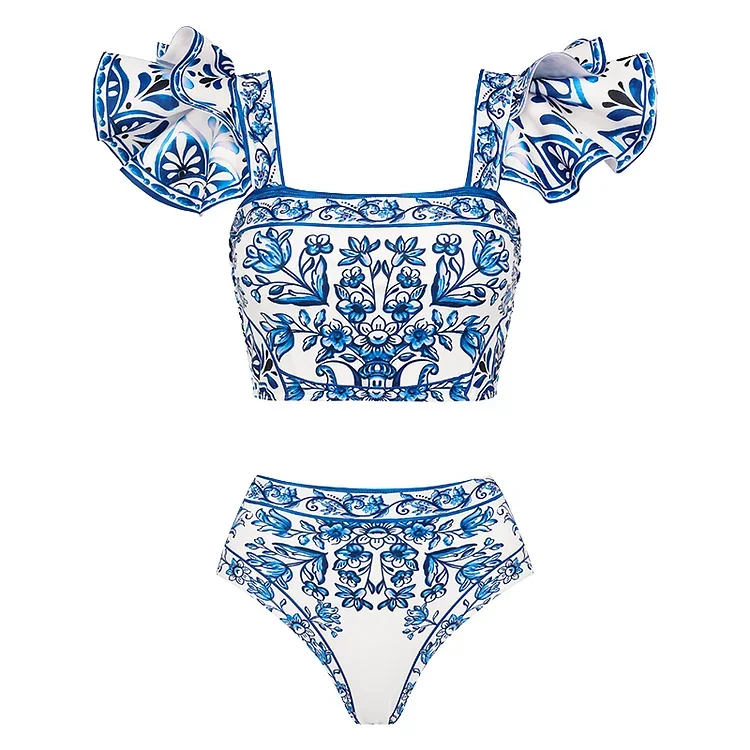 Women bikini set  Ruffle Blue and White Porcelain Pattern Majolica Print Swimsuit and Sarong Swimwear  Bathing Suit