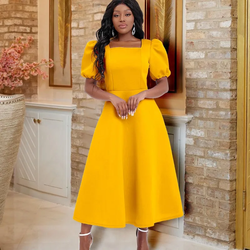 

Новинка 2024, модное однотонное женское платье до щиколотки, модное женское платье в стиле High Street с длинным коротким рукавом и квадратным вырезом