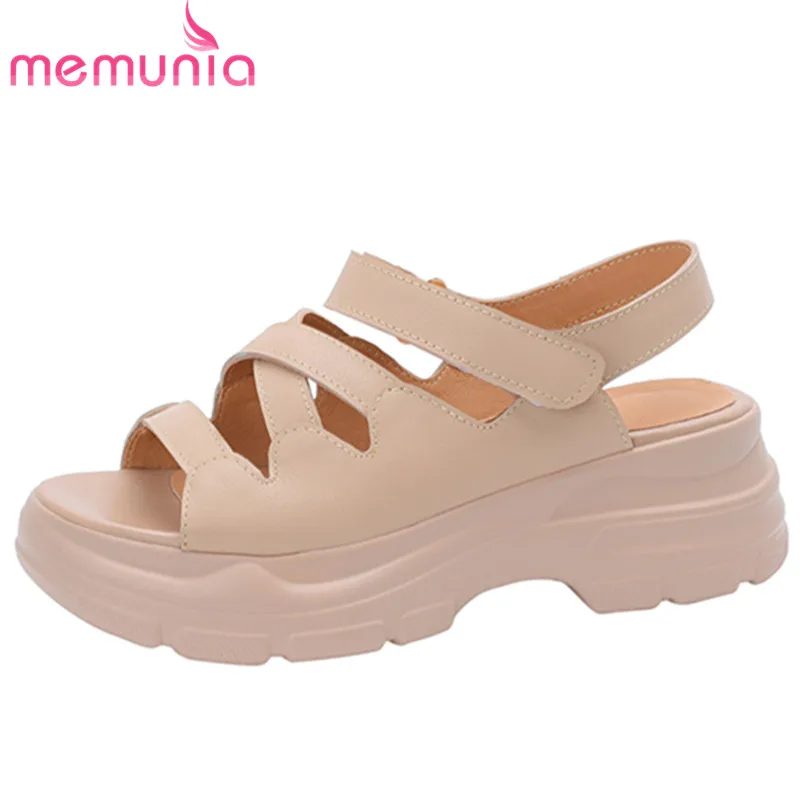 

MEMUNIA 2022 New Hook Loop Flat With Heels Shoes Concise Genuine Leather Solid Sandals Woman Summer Ladies Platform Dress Shoes