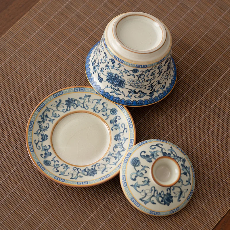 Ceramics Blue and White Ru Kiln Cracked Glaze Gaiwan Teacup Saucer Lid Porcelain Gaiwan Travel Cover Bowl 180ml