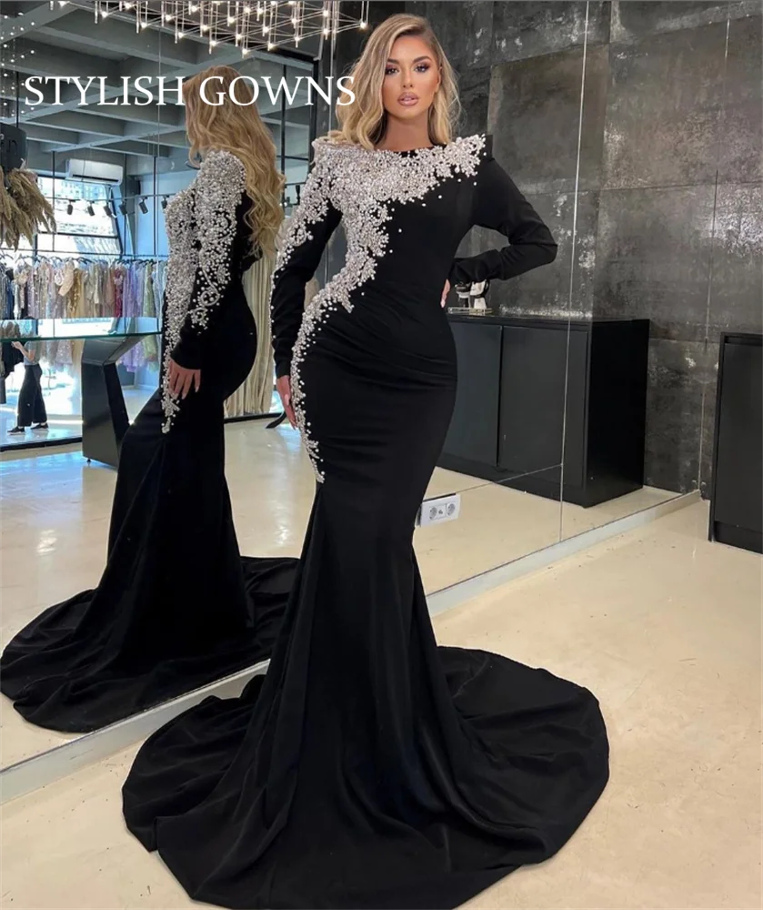 

Dubai O Neck Evening Dresses For Black Girls 2023 Beaded Wedding Gown Crystal Birthday Party Gowns Mermaid Robe De Soiree