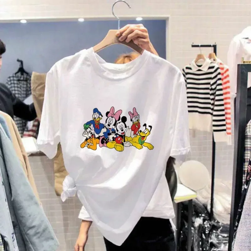 Disney Cartoon T-shirt Mickey Mouse Tops Donald Kawaii Clothes for Women Cotton Printed Clothing Summer Goofy Cute T Shirt Lady