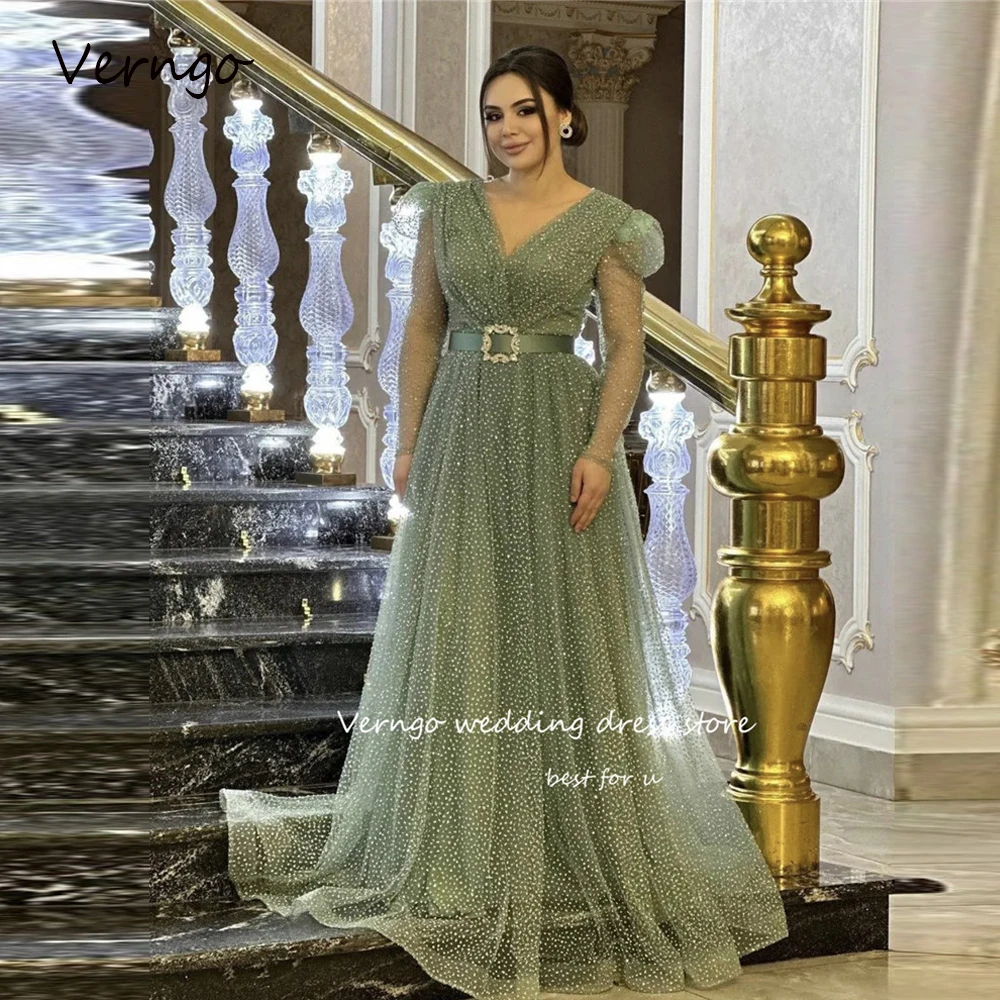 

Verngo Glitter Pale Green Dotted Prom Evening Dresses Long Sleeves V Neck Plus Size Dubai Arabic Formal Party Occasion Gowns