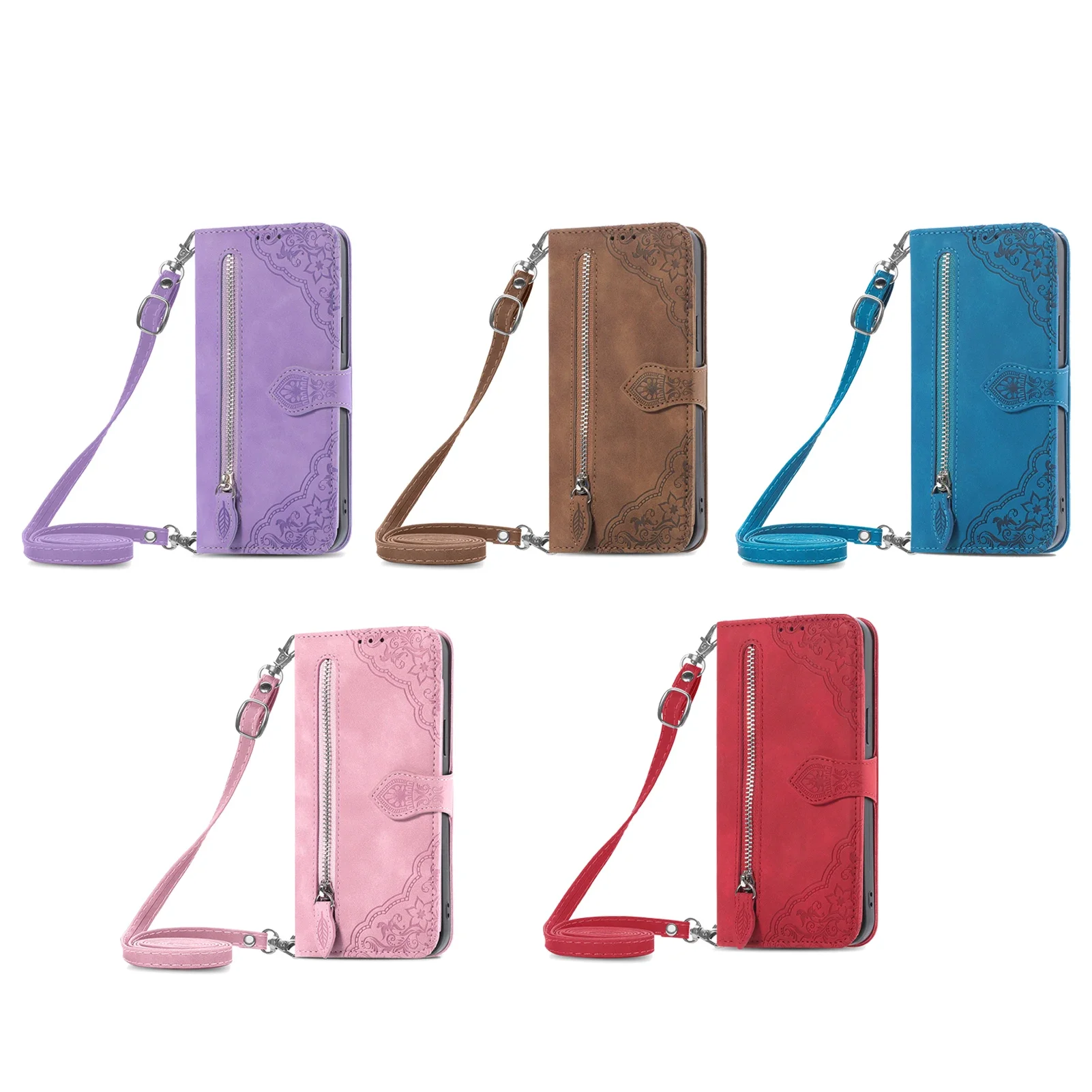 Leather Lanyard Zipper Wallet Crossbody Case
