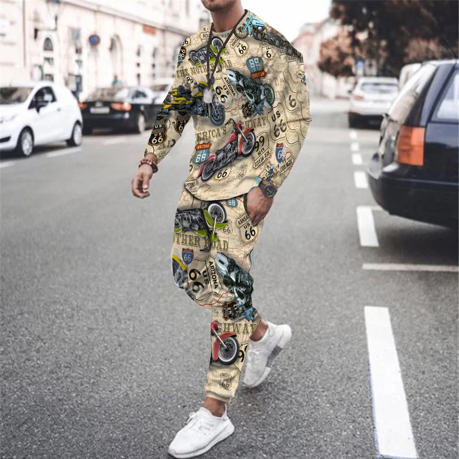 Men's Route 66 Pattern Tracksuit Long Sleeve T-Shirt Trousers Set Male Fashion Suit Oversized Streetwear Clothing Outdoor Outfit