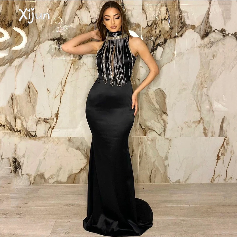 

Xijun Black Mermadi Evening Dress Beading Tassel Sleeveless Prom Gowns Sheer Illusion Saudi Arabia Formal Party Dress For Women